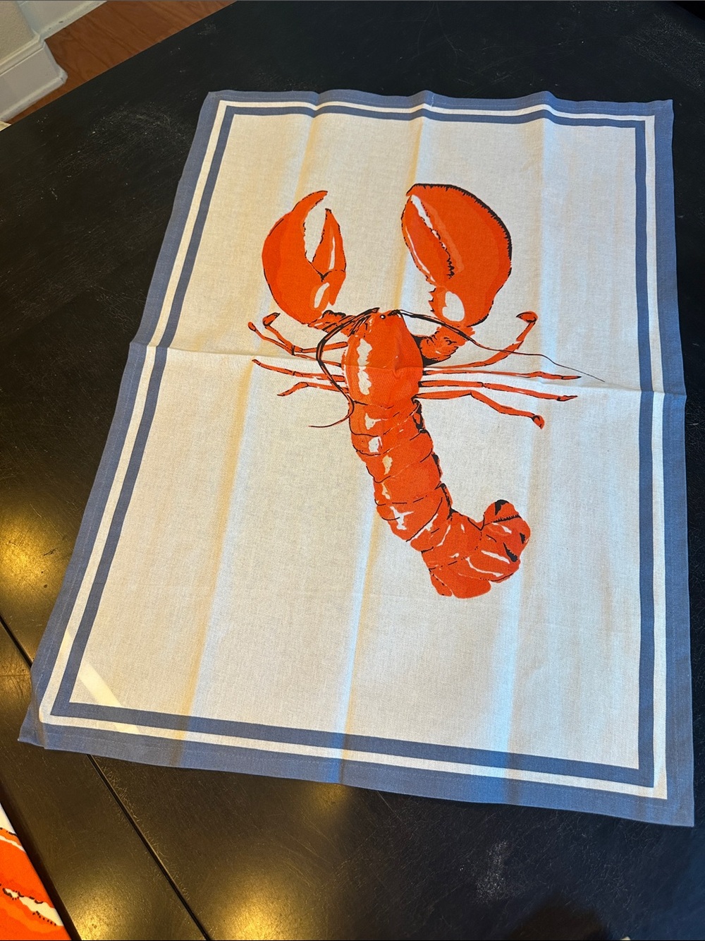 3 Cost Plus World Market Orange Lobster on White Tea Towel with Blue Border